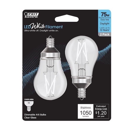 Feit Electric Feit White A15 E12 (Candelabra) Filament LED Bulb Daylight 75 Watt Equivalence 2 pk BPA1575C950WFL2